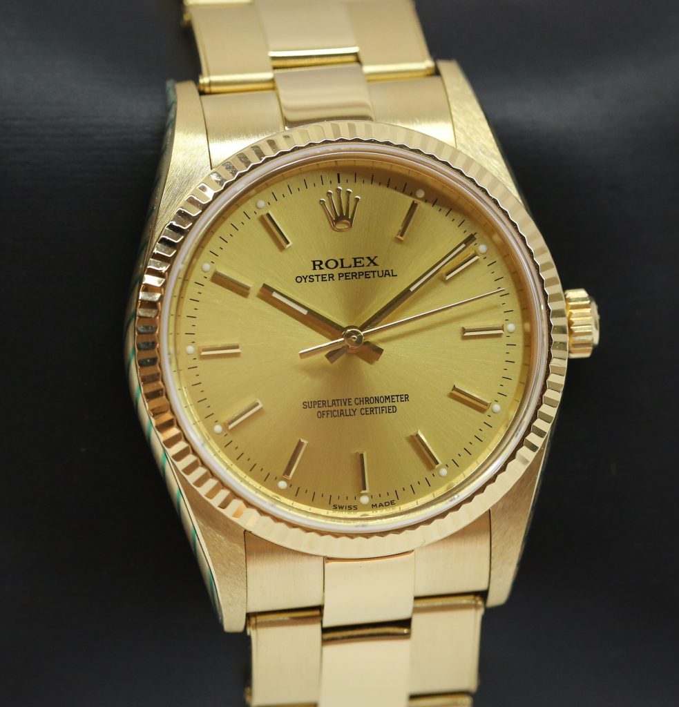 Rolex Oyster Perpetual 34mm in 18ct Yellow Gold, Champagne index dial ...