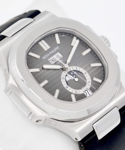 Patek Philippe Nautilus Stainless Steel Moon Phase Black Leather Strap (Ref#5726A-001)